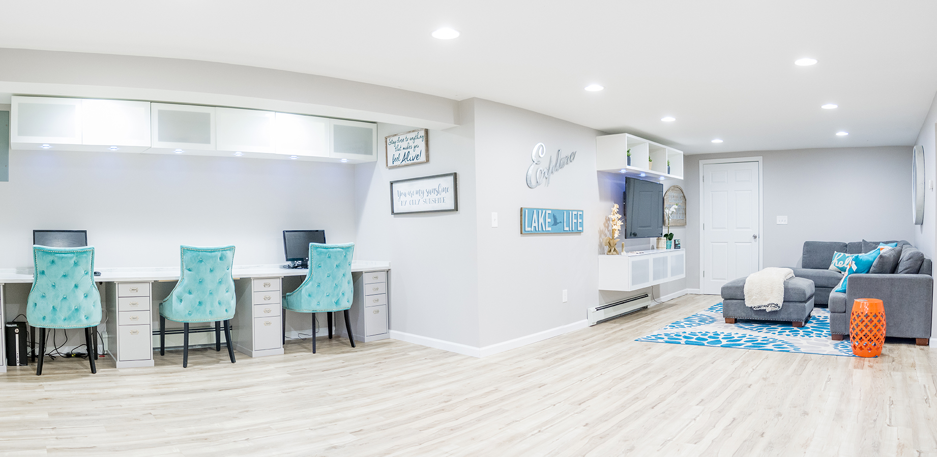 Panoramic basement remodeling photo at Roksvold's Residence in Brookfield CT by Four Seasons Enterprise