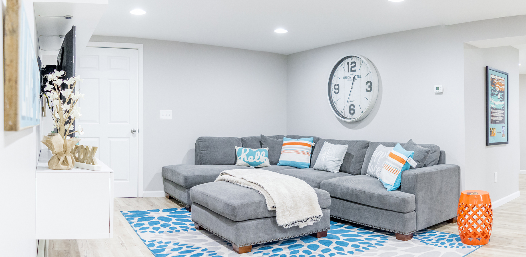 Panoramic basement remodeling photo at Roksvold's Residence in Brookfield CT by Four Seasons Enterprise